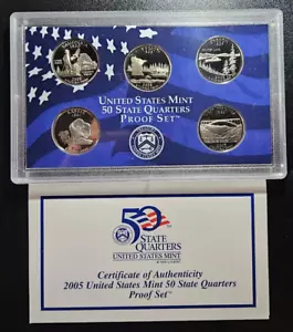 2005 US MINT 50 STATE QUARTERS BEAUTIFUL PROOF SET 5 QUARTERS PLASTIC CASE + COA - Picture 1 of 9