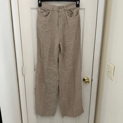 Emporio Armani 100% Linen High Waisted Wide Leg Trousers Size 26 Tan Beige - Image 1 of 4