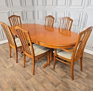 Retro Stag Teak Twin Pedestal Dining Table & 6 Solid Teak Chairs – Extending Set - Picture 1 of 24