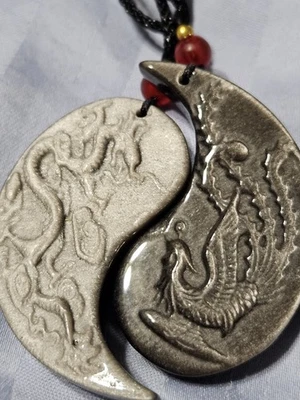 Yin Yang Necklace Dragon & Phoenix for Couples Amulet Silver Obsidian - Image 1 of 4