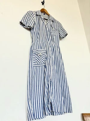 Vestido de día vintage de uniforme/ropa de trabajo con mangas abullonadas de algodón a rayas de la Segunda Guerra Mundial de la década de 1930 y 1940 Foto 1 de 4