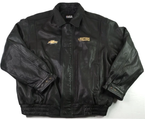 NBA Indiana Pacers Chevy 100% Leather Quilted Coat Mens XL Black Cover