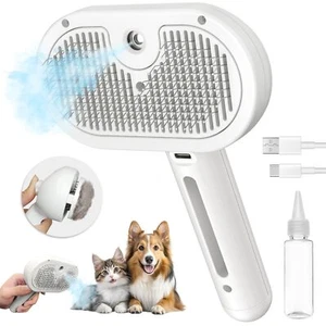 Steam Cat & Dog Brush, 3-in-1 Self-Cleaning Grooming Tool, White - Picture 1 of 7
