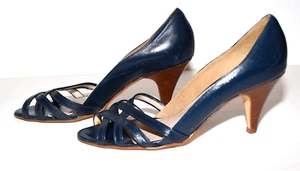 Vaneli Europa Navy Blue Leather Open Crisscross Toe Straps Heels Size 7M Italy - Picture 1 of 8