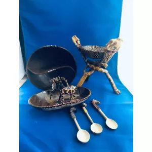 Folk hand carved interlocking puzzle, bowl and decoratively wood animal spoons - Picture 1 of 4