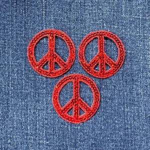 3-Pack Sequin Peace Sign Applique Patch - Red Embroidered World Peace Badge 1.5" - Picture 1 of 2