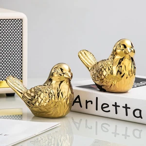 Pair of 3.5 Inch High Ceramics Small Birds Statues, Gold Decor, Home Decor Livin - Picture 1 of 12