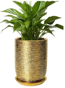 8 In Ceramic Planter Pot For Plants with Drainage Hole & Saucer Flower Pot Gold - Picture 1 of 14