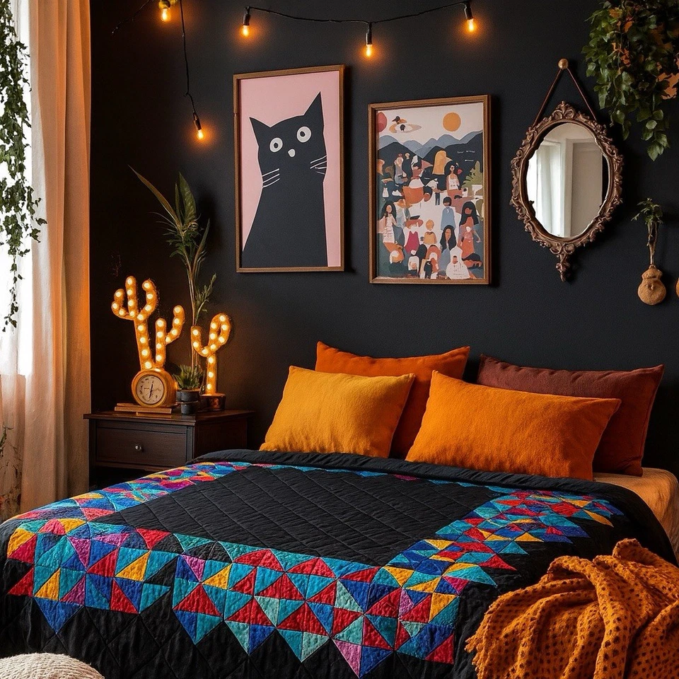 Edredón de algodón hecho a mano - 68” x 86” moderno retazos brillantes - centro negro - nuevo Foto 1 de 4