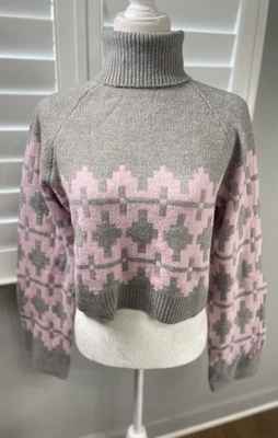 Новый H & M жаккардовый серый и розовый Fair Isle водолазка свитер женщин укороченный - Изображение 1 из 4