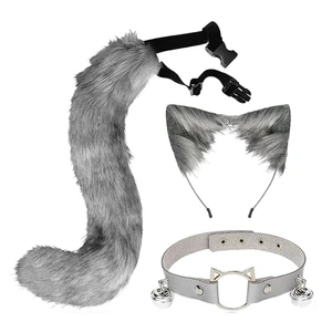 Grey Cat Wolf Fox Ears Tail Collar Animal Furry Therian Cosplay Dress-Up NEW - Picture 1 of 6