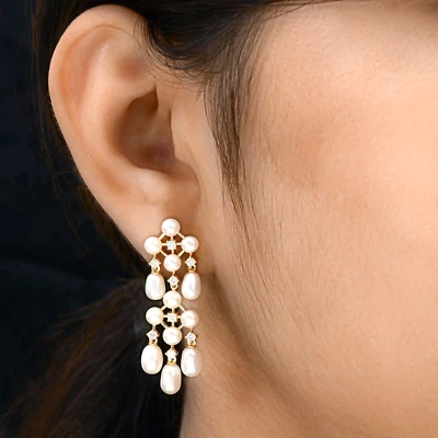 18.41 TCW Round Lab Grown CVD Diamond Pearl Dangle Earrings Gift 18k Yellow Gold - Image 1 of 4