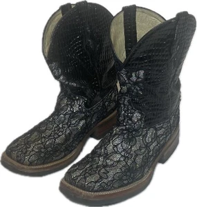 Ferrini Cowgirl Boots Women’s 6.5 Floral Black and Gold Lace Glitter Square Toe - Picture 1 of 13