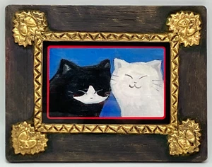 Cat Art Fraem Series Black & White Two Cats Oil Painting Japan Artists - Picture 1 of 24