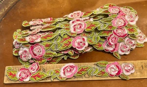 applique embroidered trim flowers 1.5x9.25" pink green soutache 1pc - Picture 1 of 4
