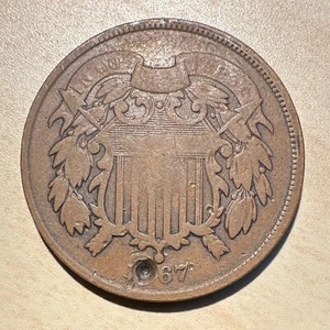 1867 2 Cent Piece Copper Coin Gouges - Picture 1 of 2