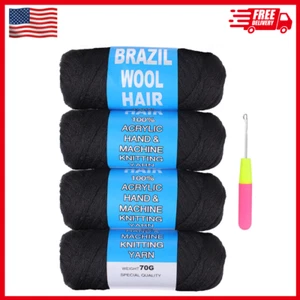 COOKOO 4 Roll Natural Black Brazilian Wool Hair Acrylic Yarn for African Crochet - Picture 1 of 7