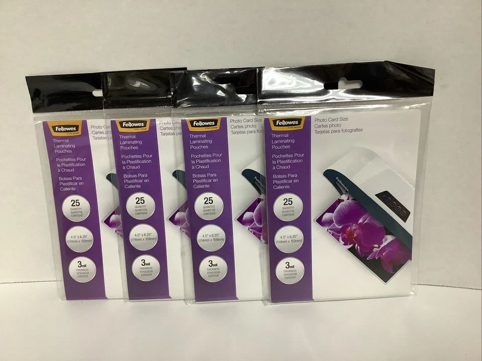 4 packs (100 total) Fellowes Laminating Pouches 3mil 4.5"x6.25" photo card size - Image 1 of 1
