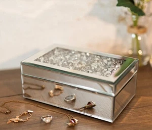 Mirrored Glass Jewellery Box Large Crushed Diamond Velvet Lined Chest Gift - Picture 1 of 24