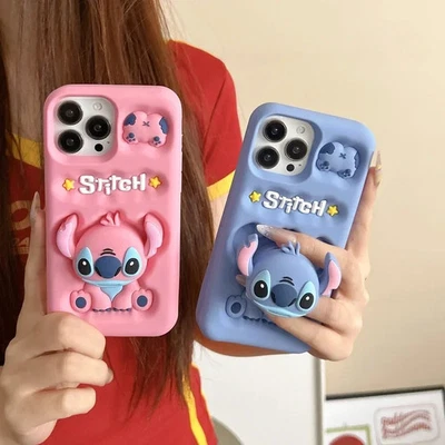 For iPhone 12 13 14 15 16 Pro Max Lilo Stitch 3D Silicon Case Cover Stand Holder Foto 1 de 4