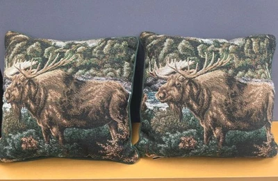 Set Of 2 Moose Mountains Lodge Lake Cabin Nature Throw Pillows Rustic Home Decor - Image 1 of 4