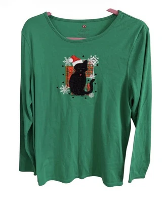 Mercer Street Studio Vintage Black Cat Christmas Green Knit Top.  size Large - Image 1 of 4