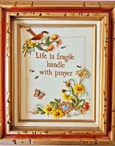 Vintage Hand Embroidered Floral Painting Prayer Wooden Frame 18"×21" - Picture 1 of 4