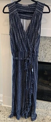 Loveappella Darielle Faux Wrap Ruffle Hem Midi Maxi Dress 2X Blue w/Stripes/Belt - Image 1 of 4