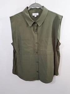 Evereve Blouse Medium Drab Green Button-up Boxy Fit Collared - Picture 1 of 6