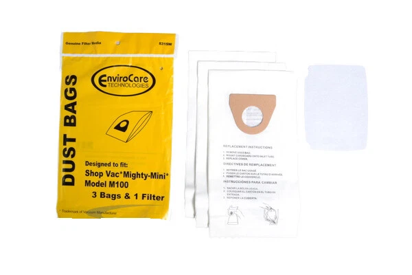 Replacement bags For Shop Vac Mighty Mini 3 Pk & 1 Filter Part # 831SW 9010600 - Image 1 of 1