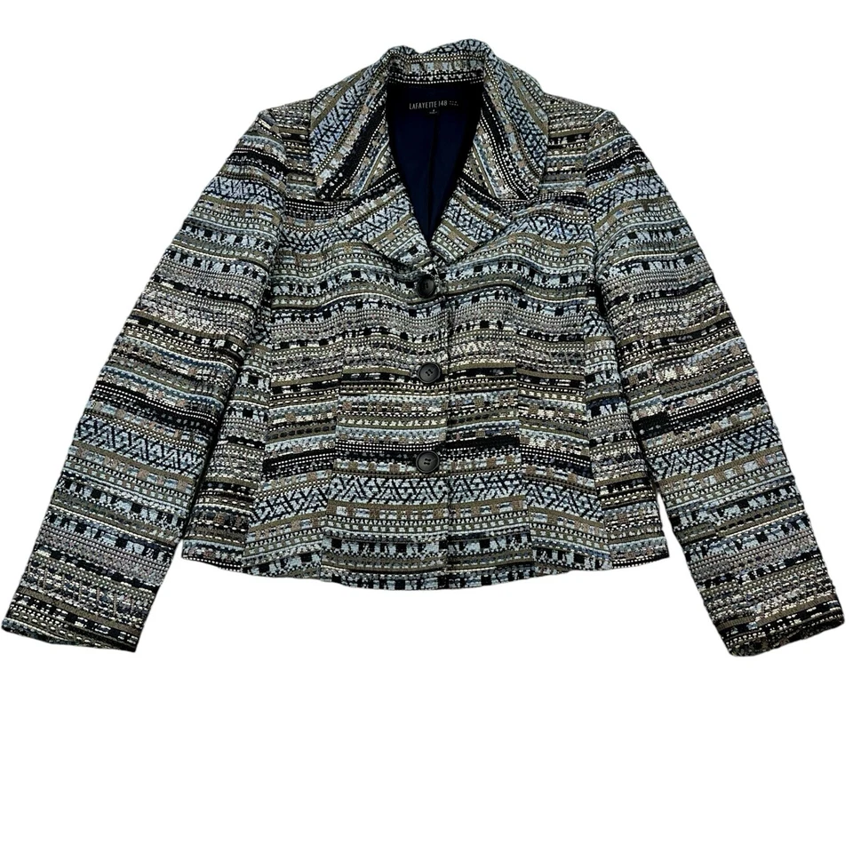 Chaqueta Blazer Lafayette 148 Talla 4 Negra Azul Tweed Flecos Texturizada Foto 1 de 4