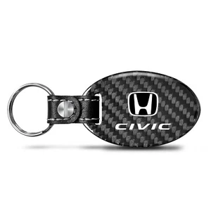 Honda Civic Real Carbon Fiber Large Oval Shape with Black Leather Key Chain - Picture 1 of 6