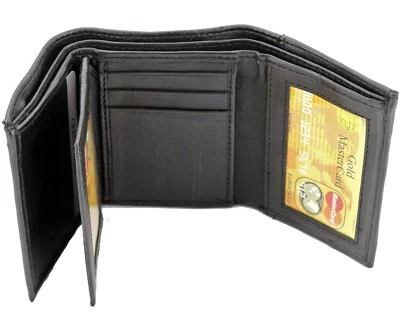 New Mens Black Genuine Leather Trifold Wallet ID Window Credit Card Case Holder - Image 1 of 4