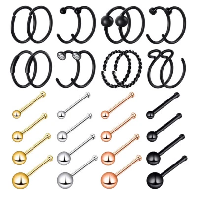 16-32PCS Surgical Steel Nose Ring Hoop Tiny Ball Screw L Bend Bone Stud Set 20G - Image 1 of 4