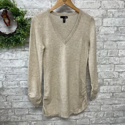 Suéter Aqua Largo Cachemira Beige Tostado Taupe Cuello en V Mangas/Cintura Acanalada Talla M Foto 1 de 4