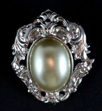 Brooch Pendant Silver Metal Ornate with Faux Pearl Stamped 149 Costume Jewellery