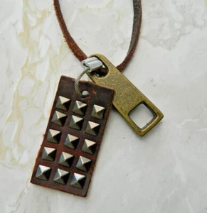 Genuine Leather Rope Necklace With Studded Metal & Leather Tags Pendant - Picture 1 of 3