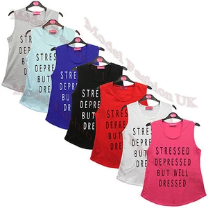 Ladies Stressed Depressed But Well Dressed Slogan Print Vest Women's Cotton Tops - Picture 1 of 8