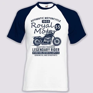 Royal Motorcycle 1955 Printed Contrast Baseball T-Shirt Birthday Gift White-Navy - Picture 1 of 2