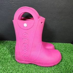 Size J3 Crocs Kids Rain Boots Hot Pink Handle Pull On 12803 - Picture 1 of 9