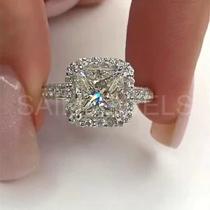 3.90 TCW Princess Cut Moissanite Halo Engagement Ring In 14k White Gold Plated - Picture 1 of 6