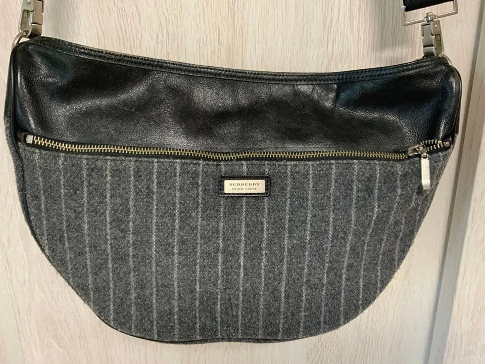 BURBERRY BLACK LABEL Wool Leather Stripe Shoulder Bag Adjustable Strap #EK ZIA - Image 1 of 4