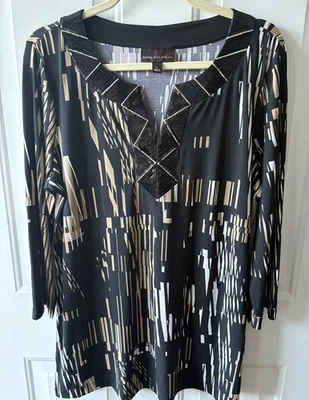 Dana Buchman Tunic Top Black with Geometric Patttern Sequin Detail Size L EUC - Image 1 of 4