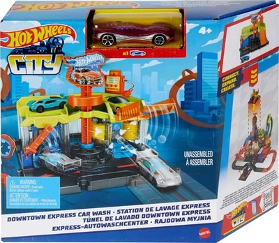 Hot Wheels City Toy Track Set, Downtown Express Car Wash Playset with 1:64 Scal
