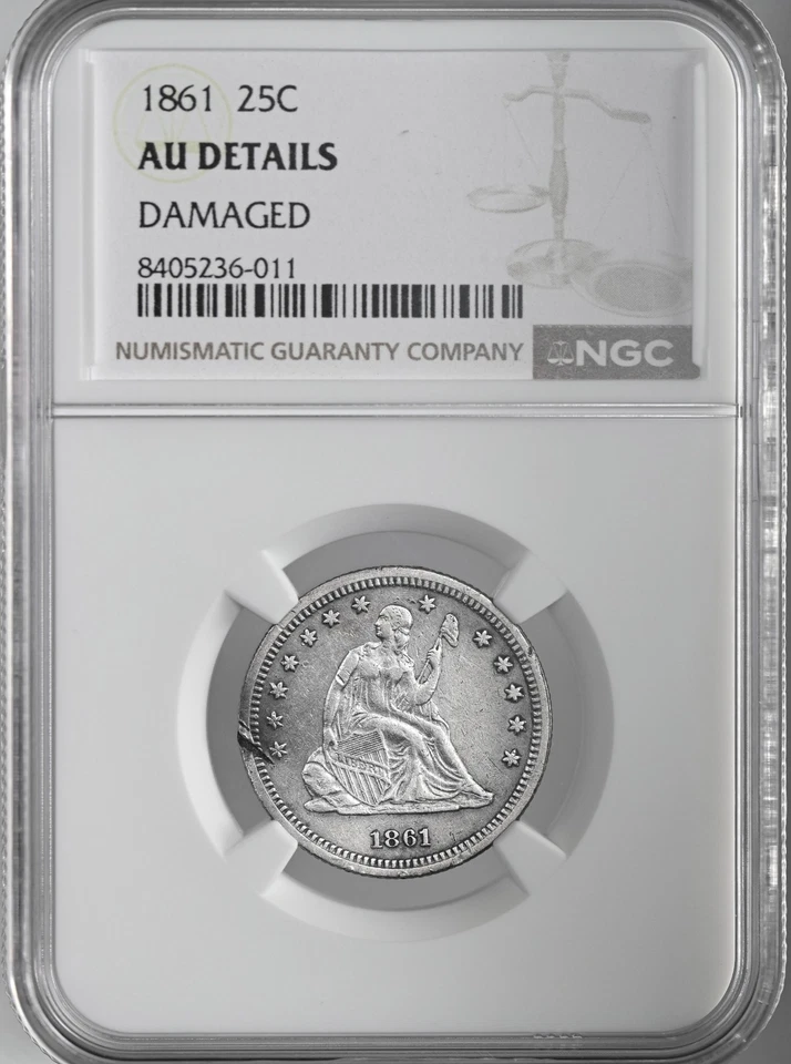 1861-P  25C SEATED LIBERTY QUARTER NGC AU DETAILS "DAMAGED" #8405236-011 - Image 1 of 4
