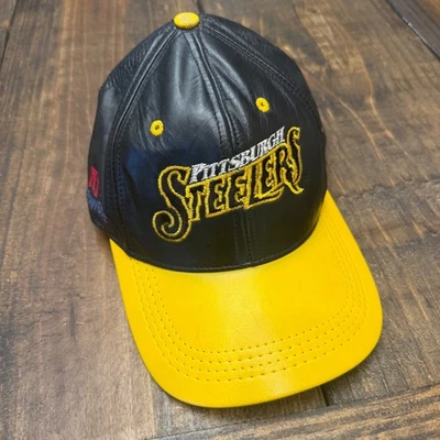 Pittsburgh Steelers Leather Hat NFL Black Yellow Embroidered One Size vintage - Image 1 of 4