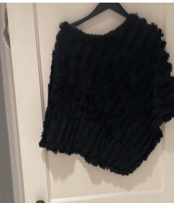 BCBG Maxazaria Rabbit Fur Poncho One Size Shirt Stripe shawl   - Image 1 of 4