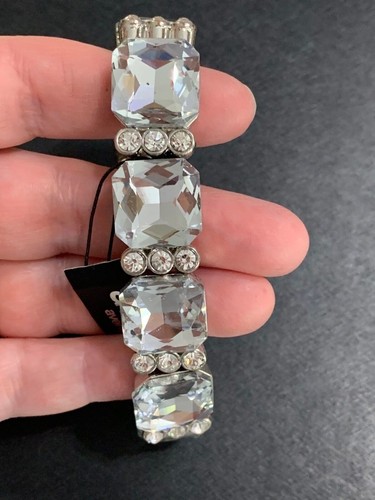 VALENTINO Bracciale grosso elasticizzato cristallo finto tono argento AVENUE nuovo mai indossato!