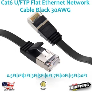 1/2-20FT CAT6 RJ45 Network LAN Ethernet U/FTP Shield Cable Flat Cord 30AWG Black - Picture 1 of 6