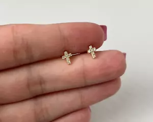 14K Yellow Gold Religious Round Natural Diamond Cross Push Back Stud Earrings - Picture 1 of 2